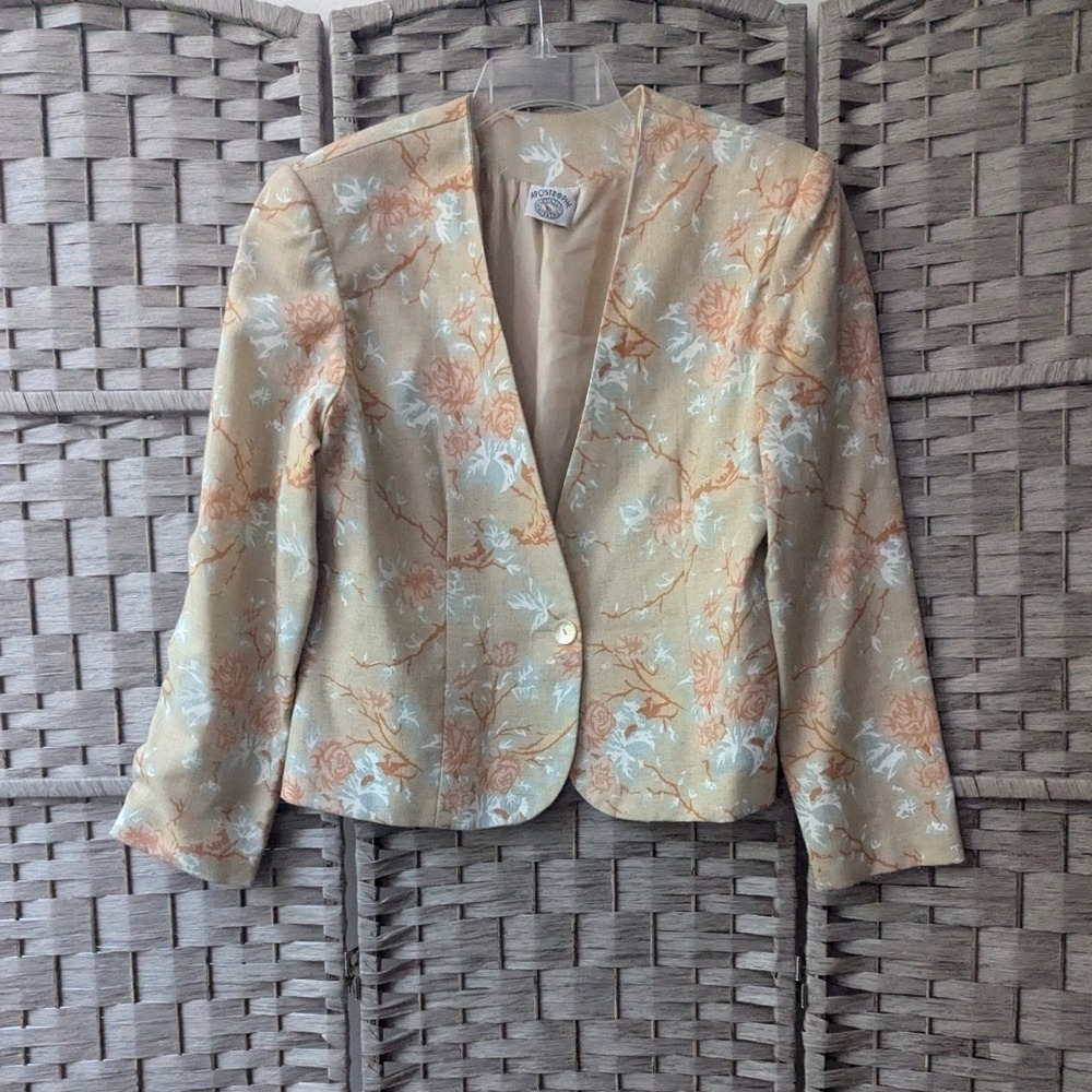 Vtg Single Button Blazer Tan Coral Blue Floral Linen Blend Sz 12 Cottagecore